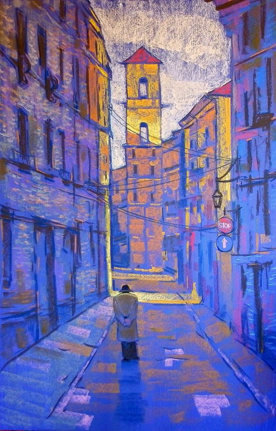 a lone passerby, large pastel painting 80x120 cm
