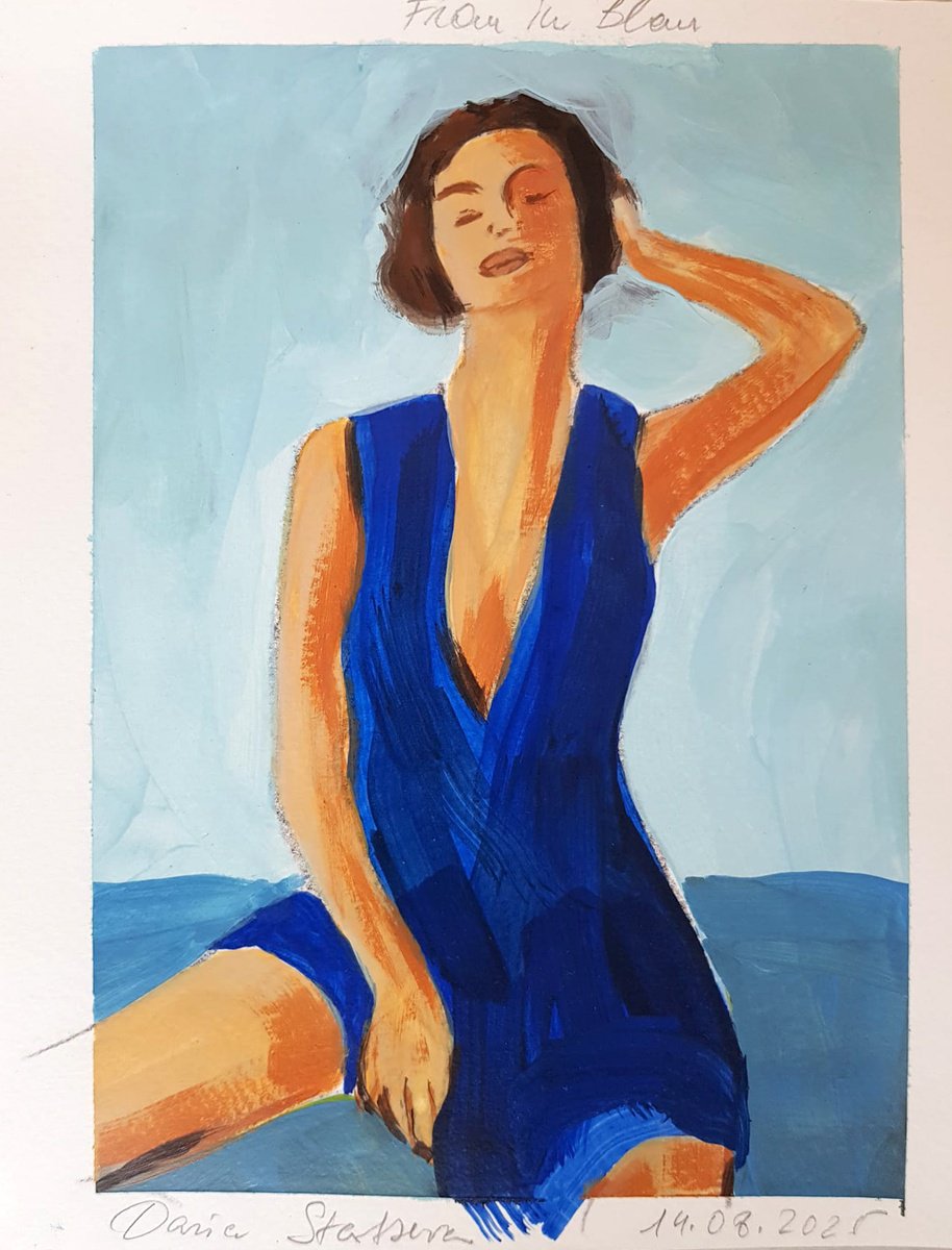 Expressive Portrait Acrylic Painting By Daria Startseva, 5 X 7, Woman In Blue, Original Artwork
