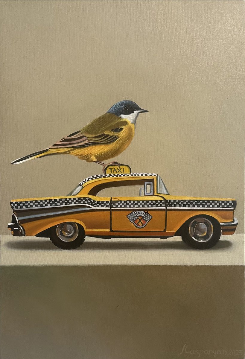 Still life with bird and Taxi 1957 Chevrolet by Ara Gasparian