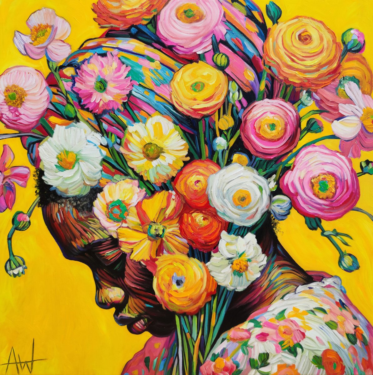 Impressionistic Portrait Oil Painting By Angie Wright, 24 X 24, A Head Full Of Flowers, Original Artwork