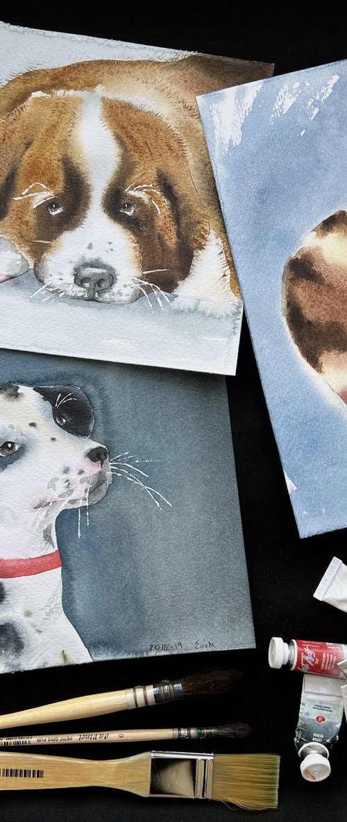 Set of three artworks with pets - St. Bernard dog, Dalmatian dog and spotted cat. Original watercolor artworks. by Evgeniya Mokeeva