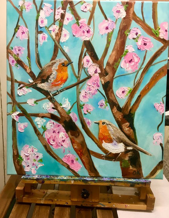 Spring songs, singing red breasted robins, spring in London, white, pink, bloom, oil painting