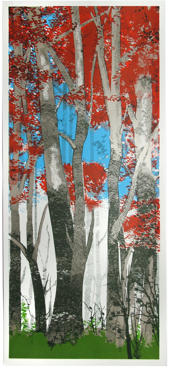 Expressive Botanical Screenprint By Chris Keegan, 10 X 22, Woodland Birch, Original Artwork