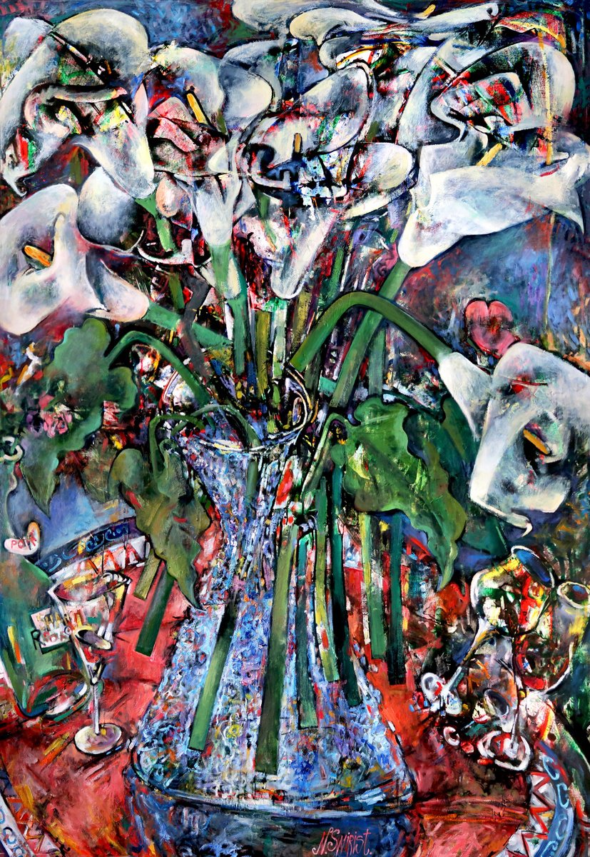 Expressive Oil Painting , - Calla Lilies And Glasses - ? By Nikifor Swiristuhin, 55 X 79, Artwork For Sale On Artfinder