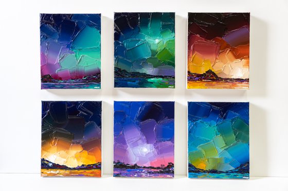 Iridescent Night Skies - Set of 6 Original Paintings