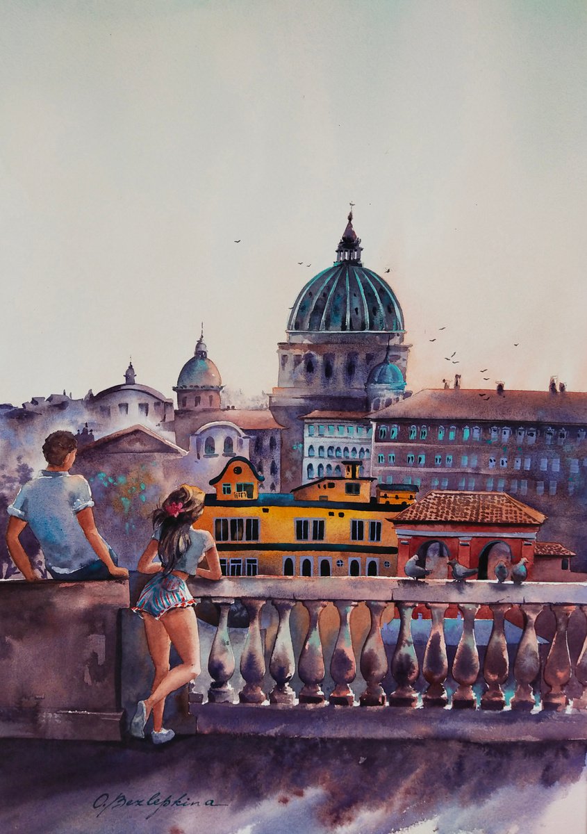 Date - interior art, couple admiring the view on the Pincio terrace Painting by Olga Bezlepkina