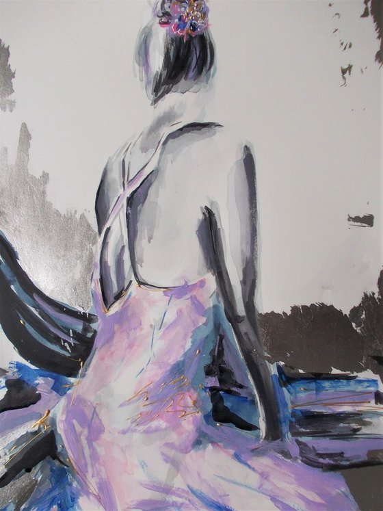 Grey and Purple- Mixed Media  Woman  Painting on Paper