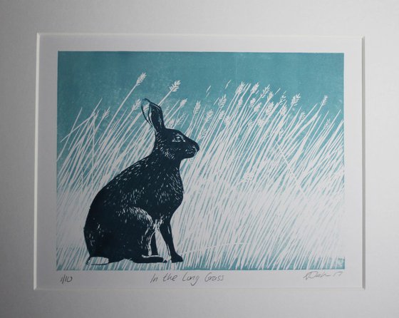 Through the Long Grass, Hare running Linocut, Mounted