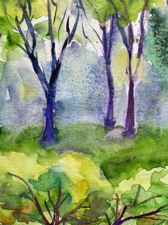 Fishing Art Print of Watercolor Painting - stream, trees, nature lovers gift