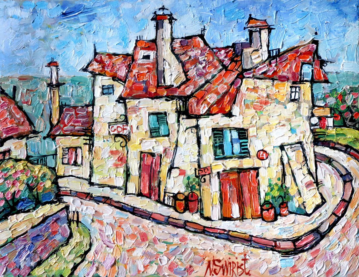 Impressionistic Cityscapes Oil Painting By Nikifor Swiristuhin, 14 X 11", Charming Turn Of The Road., Original Artwork