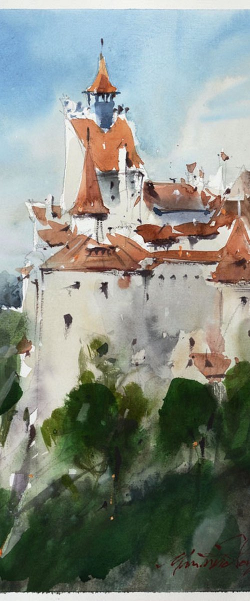 Bran, romanian watercolor landscape. by Marin Victor