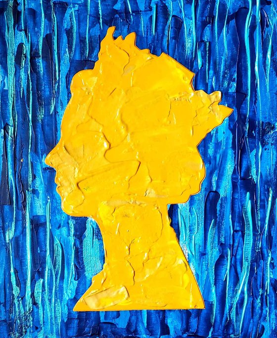 Queen #55 on ultramarine turquoise raining metallic  background , GOLD, YELLOW  NAVY BLUE  inspired by Queen Elizabeth II