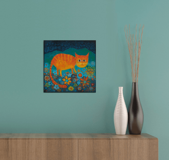 Felis Catus Botanicus II. - Cat in the Garden acrylic painting