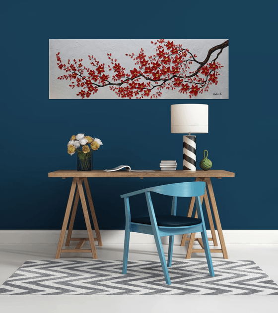 Original Red Cherry Blossom Painting, Abstract Blossom Tree Art, Impasto Floral Art