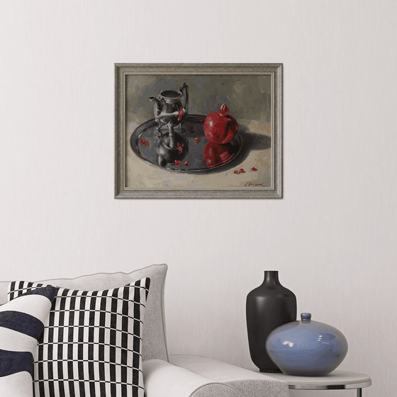 "Reflections" still life pomegranate metal silver white liGHt original painting  GIFT (2019)