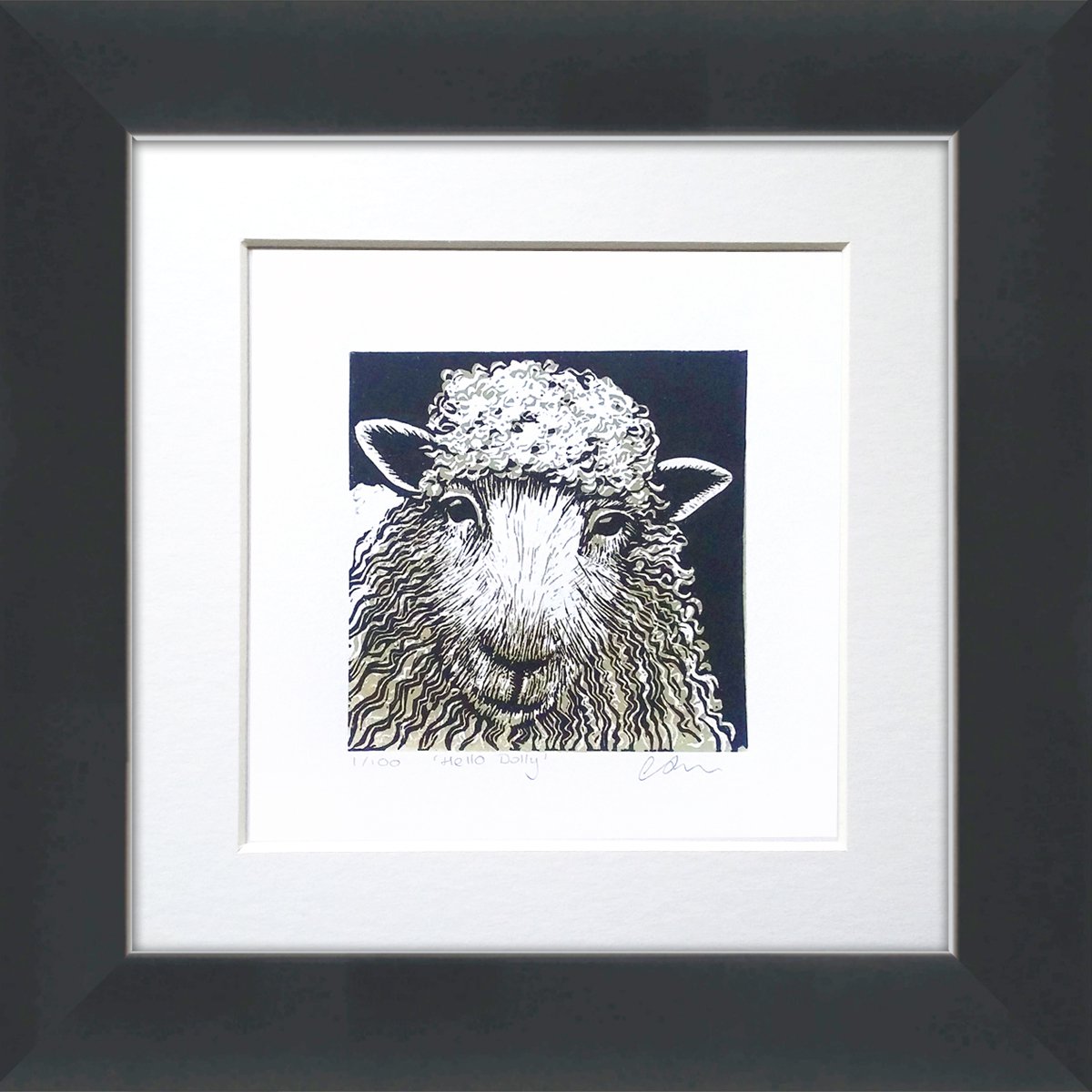 Hello Dolly (sheep linocut print) framed and ready to hang by Carolynne Coulson