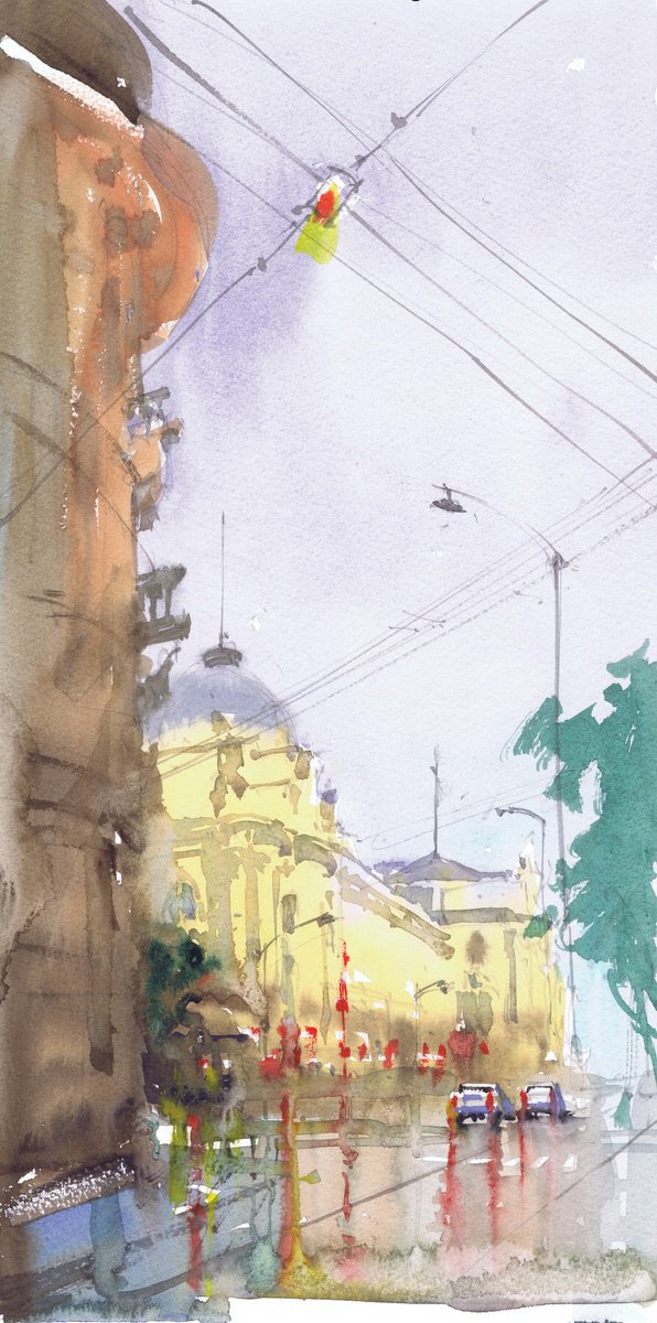 Expressive Cityscapes Watercolour By Samira Yanushkova, 8 X 16", Baroque Boulevard, Original Artwork