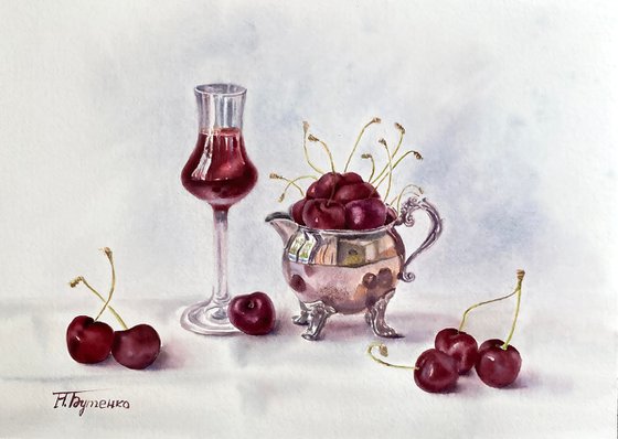 Cherries liqueur, original watercolour