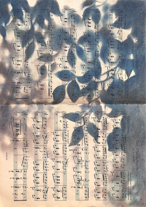 Leaf Silhouette Pastel on Vintage Sheet Music