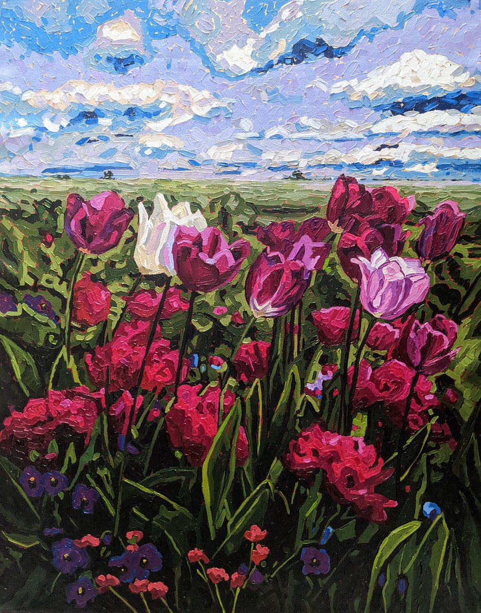 Impressionistic Landscape Oil Painting By Irinagoldenfish, 28 X 35, Tulips Holland 4, Original Artwork