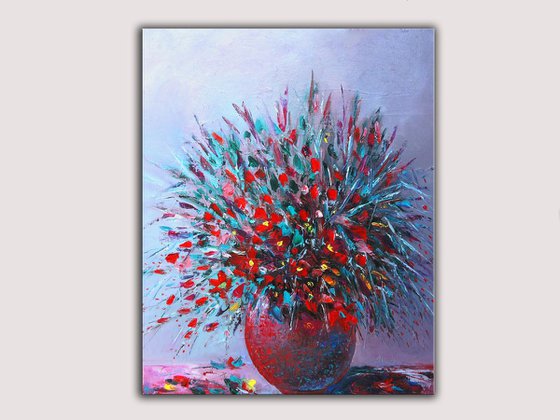 Red Flowers in a Red Vase