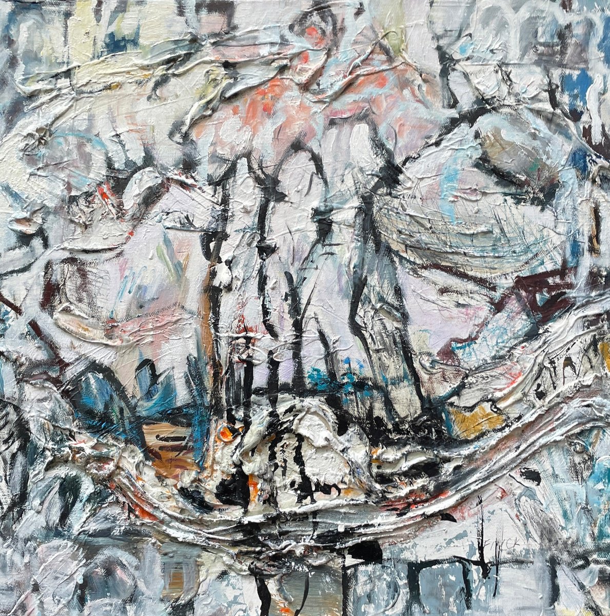 Abstract Cityscapes Painting By Maureen Finck, 18 X 18", Industrial Landscape, Original Artwork