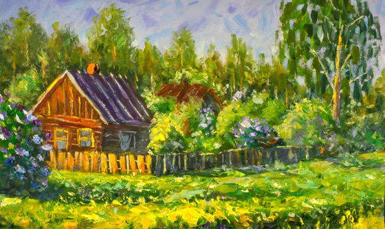 Bright rural landscape - palette knife oil painting. Size: 23 x 37 cm. Paper, oil, palette knife.