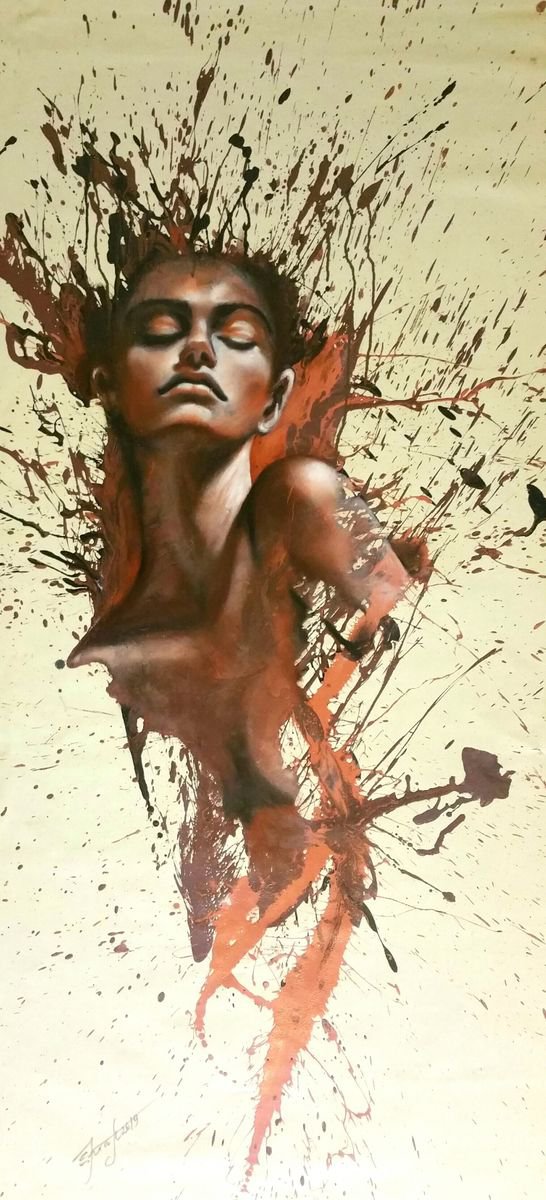 Expressive Portrait Oil Painting By Elena Kraft, 27 X 63, Fountain Of Youth, Original Artwork