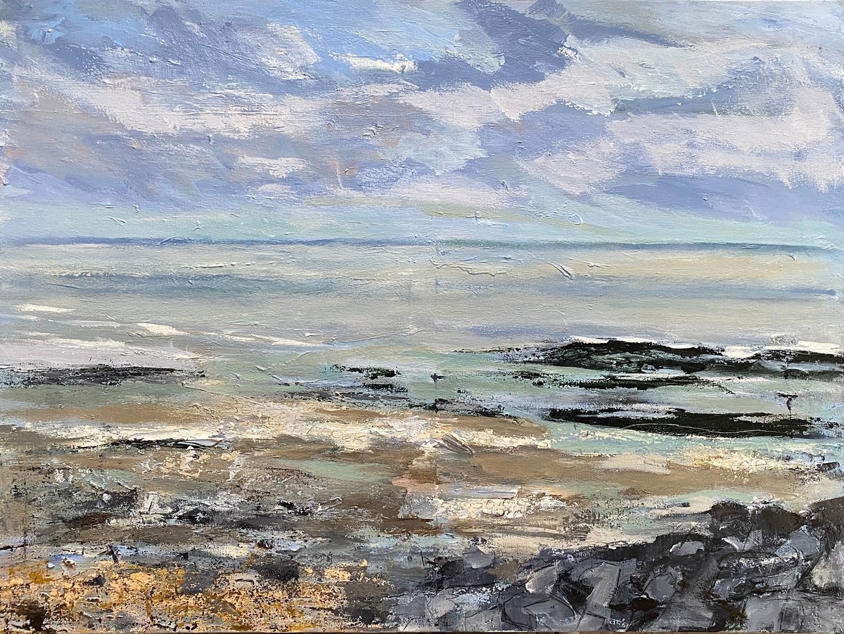Expressive Landscape Acrylic Painting By Nikki Wheeler, 32 X 24", Cloudy May Beach, Original Artwork