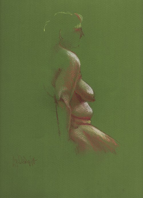 Female nude - seated - green background by Louise Diggle