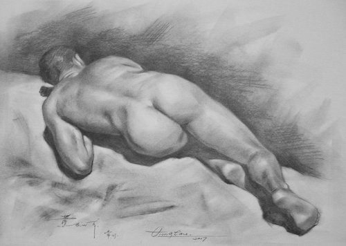 Drawing charcoal male nude on paper#17229 by Hongtao Huang