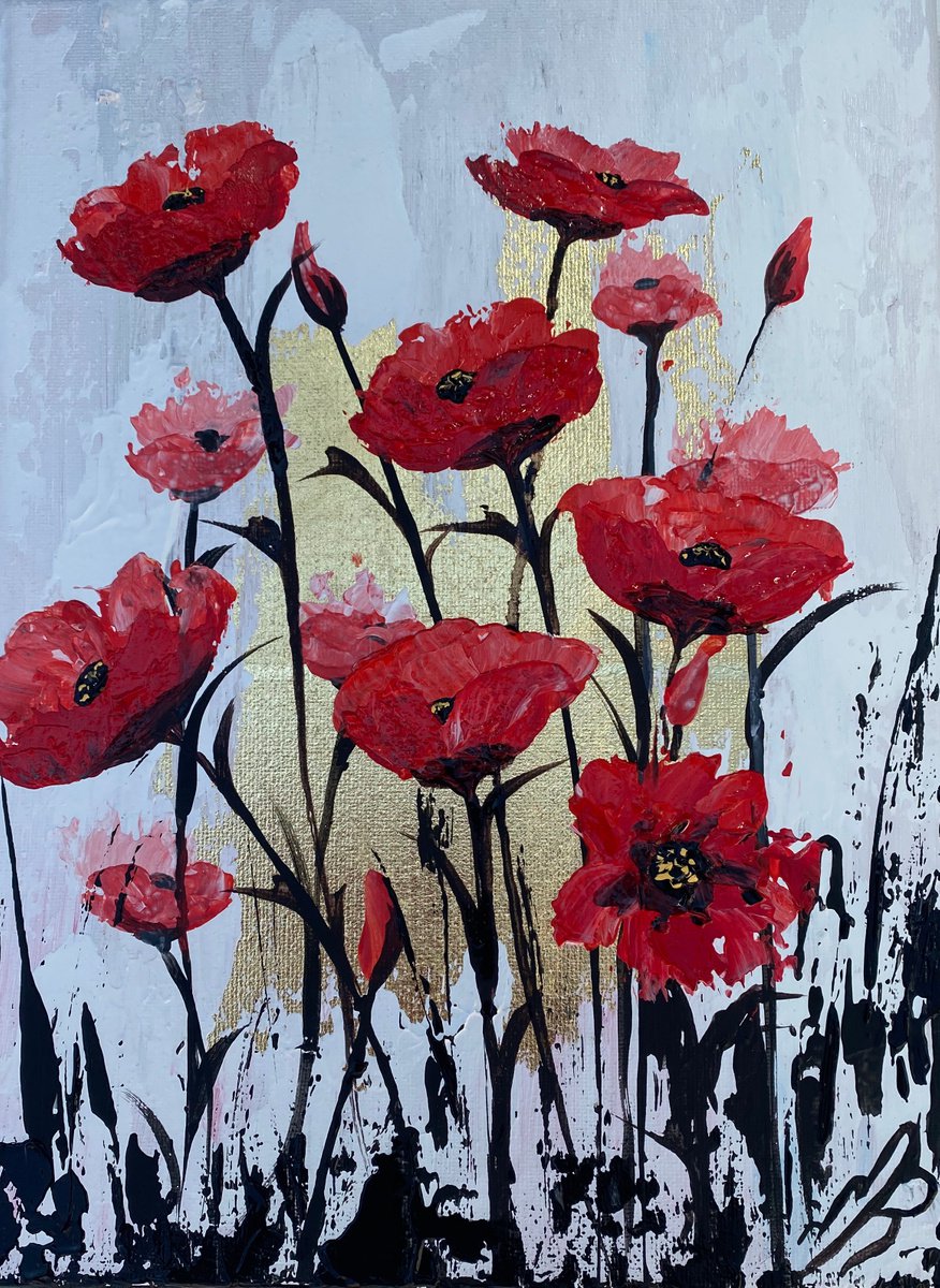 Gold Leaf Painting of Abstract Red Poppies by Marja Brown