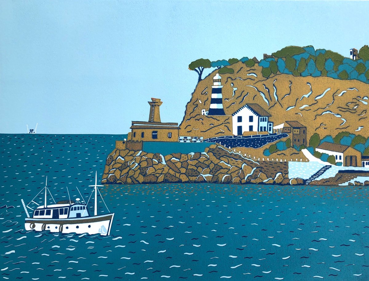 Illustrative Landscape Linocut By Nathalie Pymm Art, 16 X 12", Safe Harbour, Original Artwork