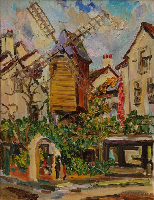 Montmartre Mill - Paris Landscape - Cityscape of Paris - Oil Painting - Medium Size - Plein Air - Gift Art 65x55 by Karakhan