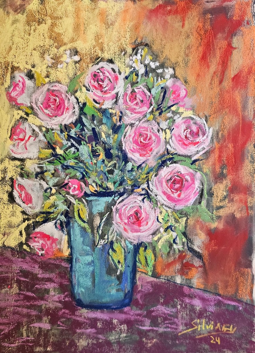 Impressionistic Botanical Pastel Drawing By Silvia Flores Vitiello, 9 X 12", Roses On Yellow, Original Artwork