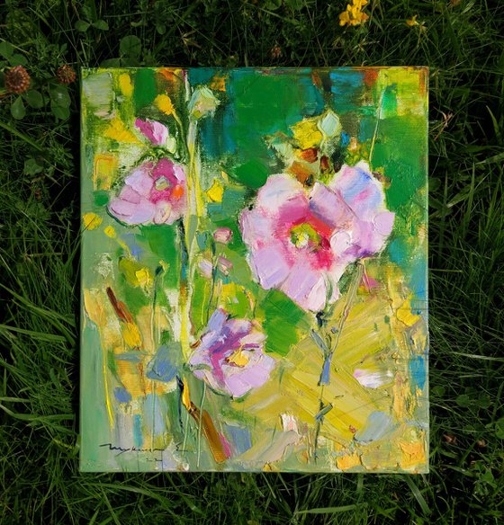 Mallow Ukrainian flower . Emerald green and Pink . Moments of beauty . Original oil painting