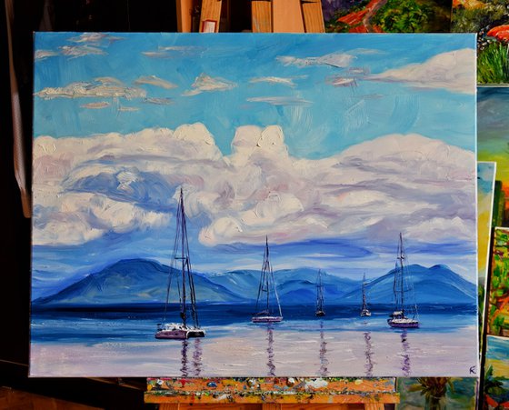 Clouds, Sea and Ships Large Oil Painting on Canvas, Greece Seascape