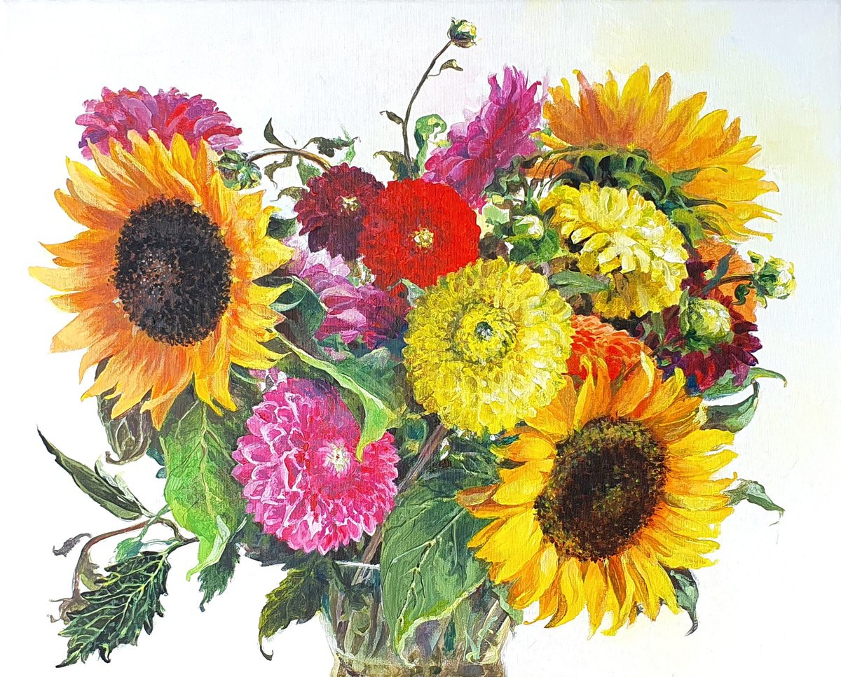 Photorealistic Botanical Acrylic Painting By Sonata Art, 20 X 16", Autumn Abundance Of Yellow And Pink Flowers, Original Artwork