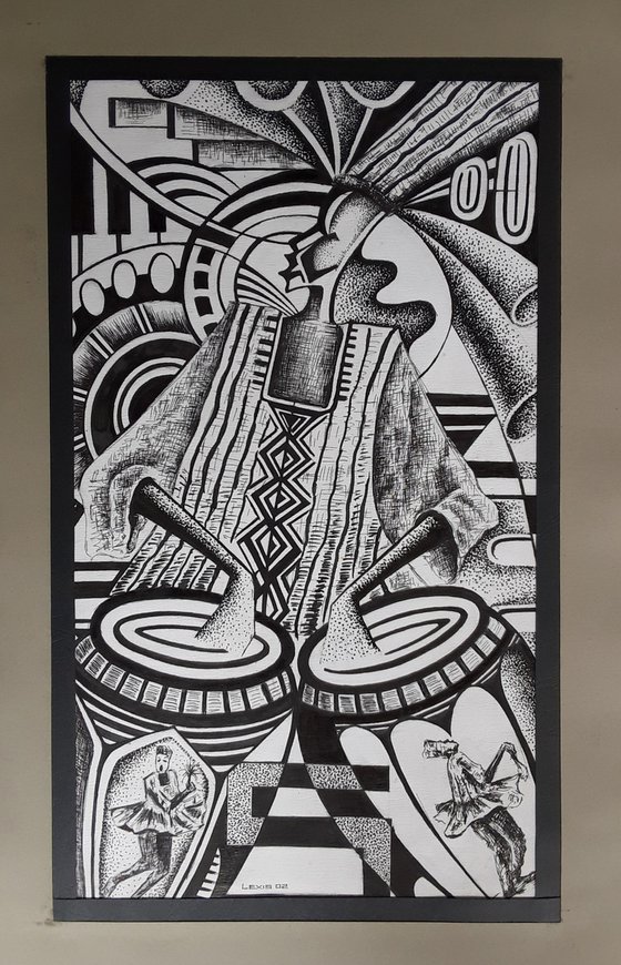 African Drummer pen and ink drawing