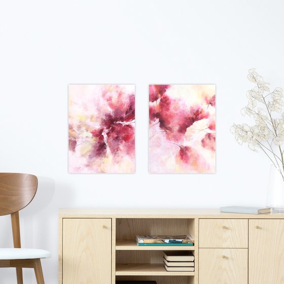 Abstract floral painting, diptych "Love" with loose flowers