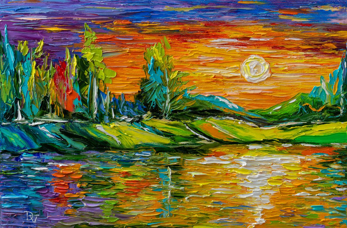 Impressionistic Landscape Oil Painting By Vladyslav Durniev, 24 X 16", Sunset On A Forest Lake, Original Artwork