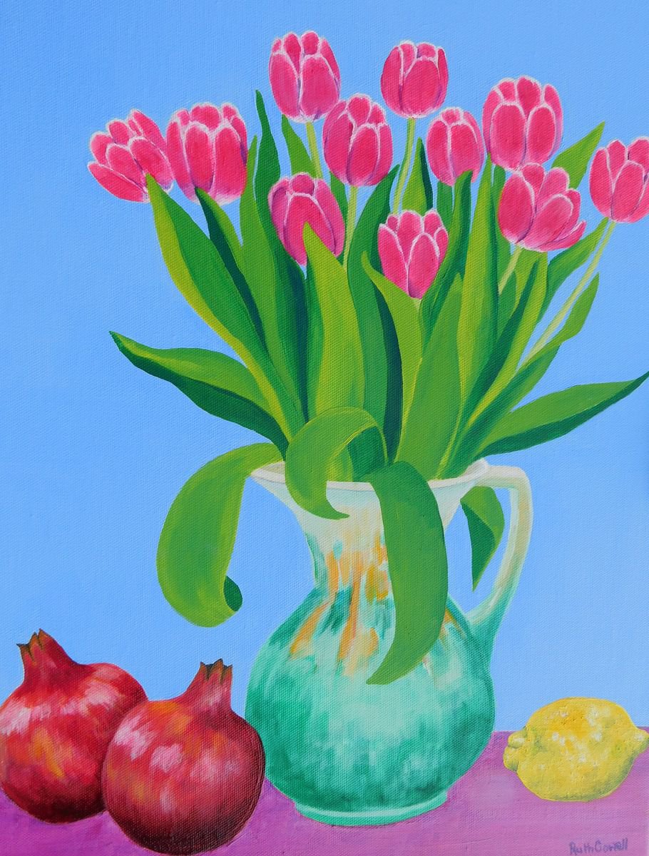 Still life with Pink Tulips by Ruth Cowell
