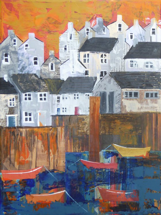 Harbour, collage with orange sky