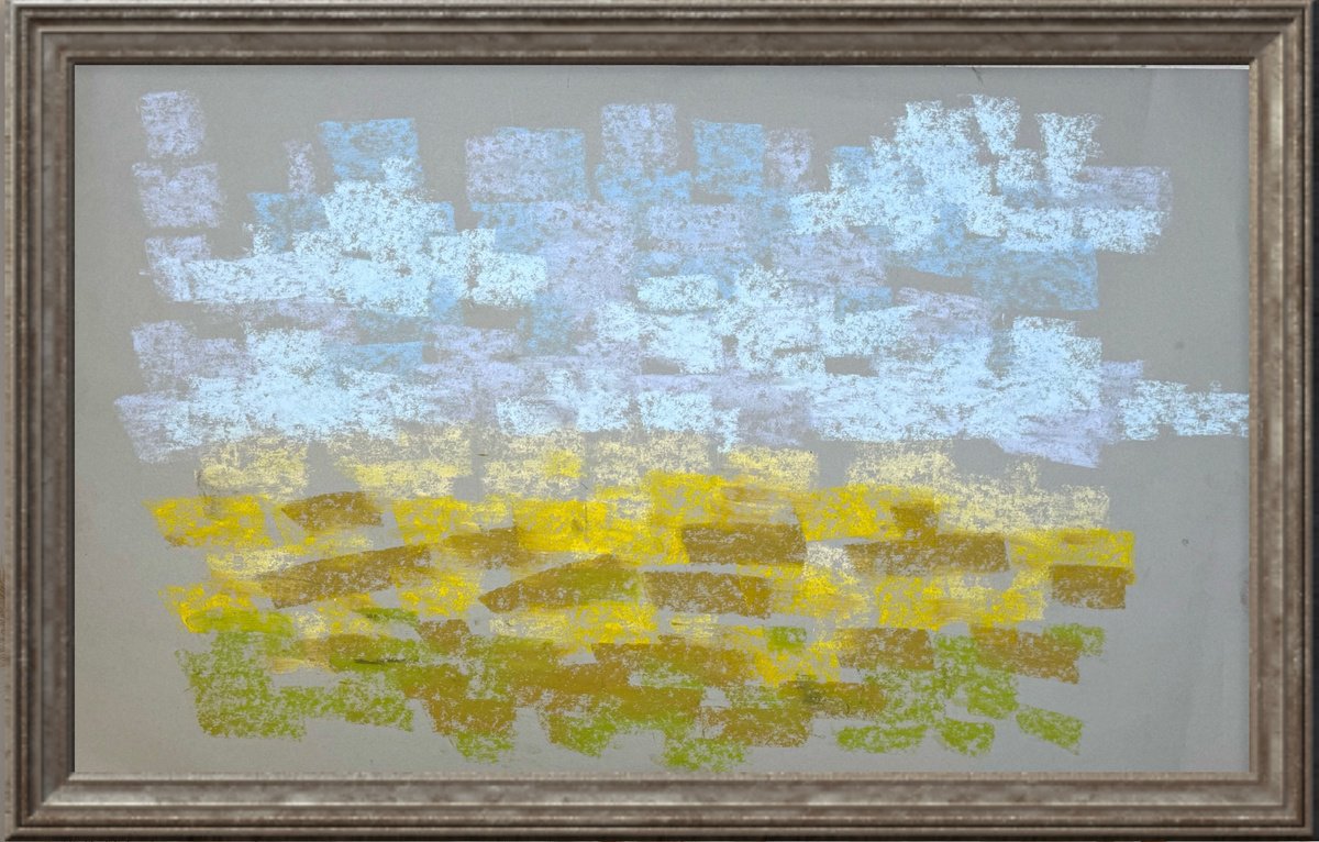 Abstract Pastel Drawing By Yuliia Sharapova, 21 X 13", Abstract Blue Sky Yellow Fild, Original Artwork