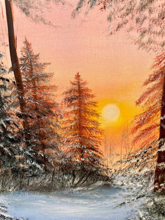 Winter orange sunset - landscape oilpainting forest