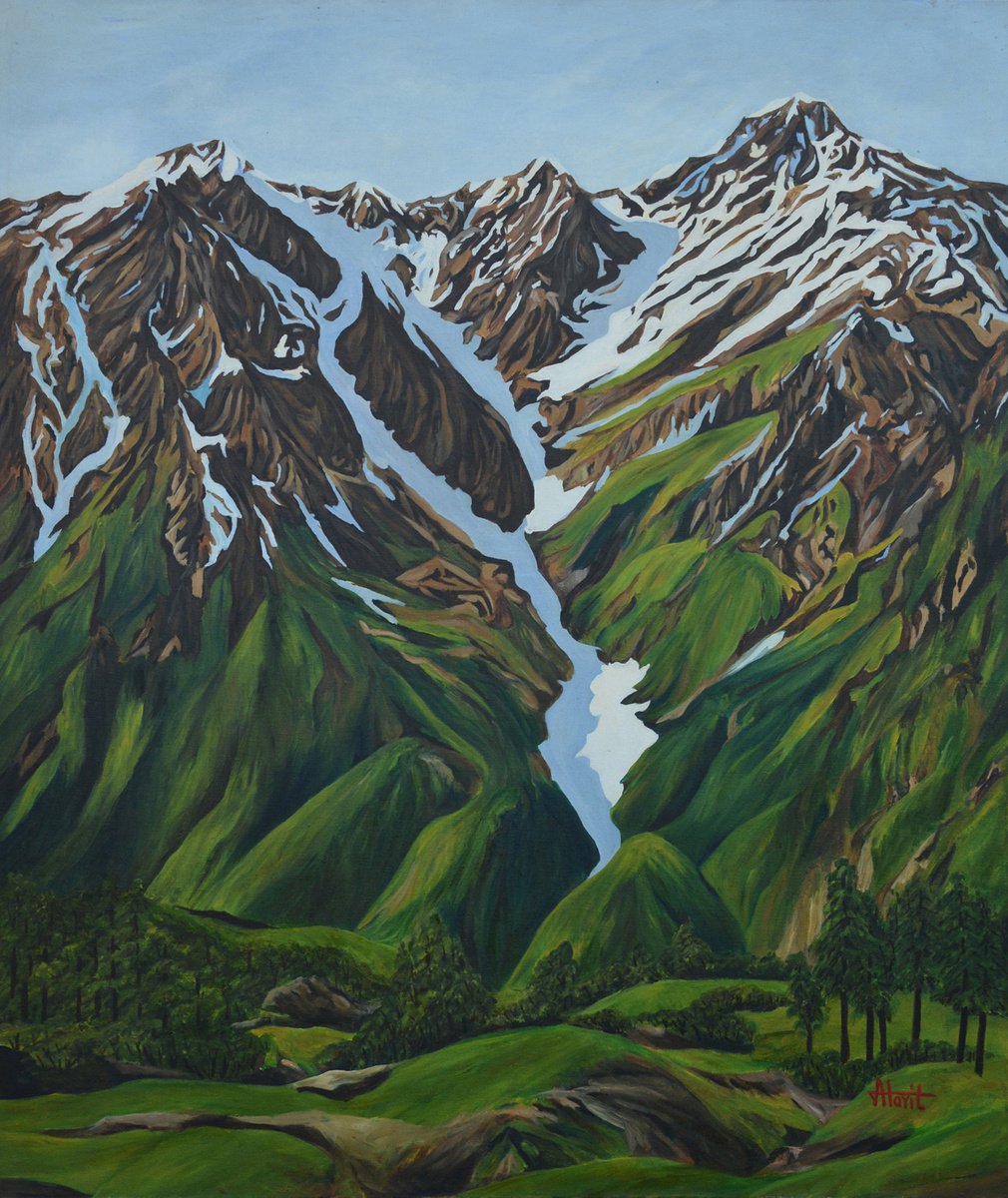 Photorealistic Landscape Oil Painting By Ajay Harit, 33 X 40, Snow-Clad Mountains, Original Artwork
