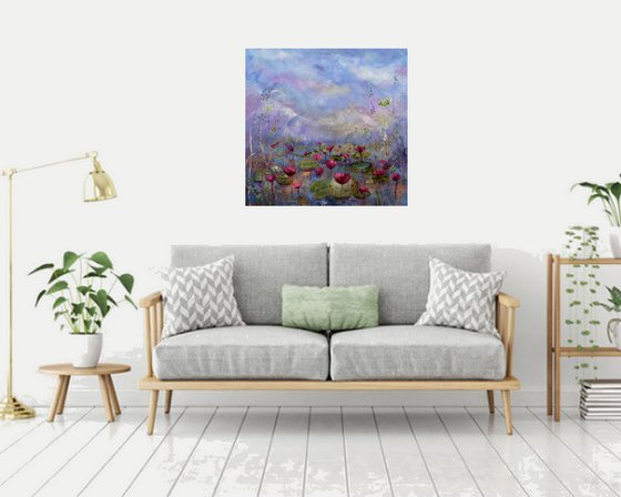 The sacred blooms 70 x70 cm. Impressionist landscape with water lilies