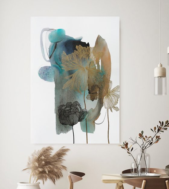 "Thincord" Abstract flowers gold navy art