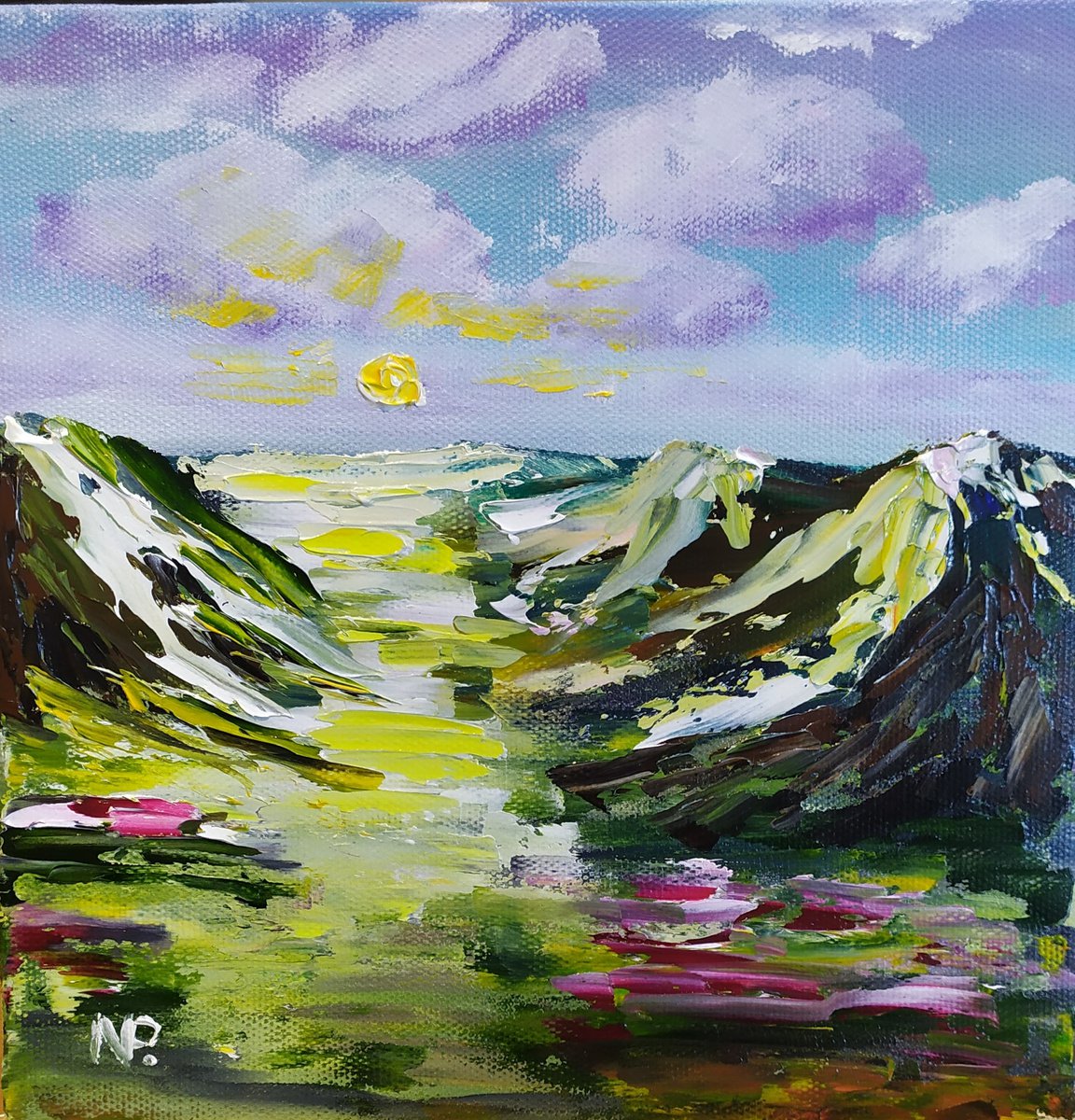 Beginning of the day, original landscape, mountains, sun oil painting, Gift by Nataliia Plakhotnyk