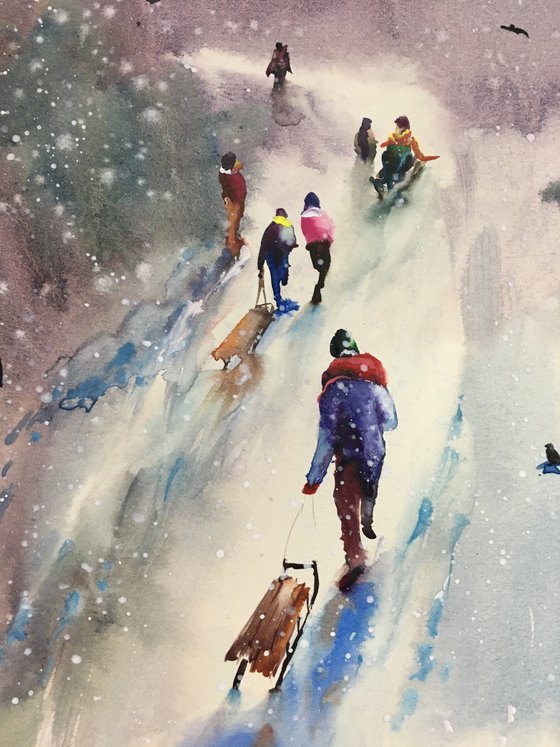 Watercolor “Winter childhood games” perfect gift